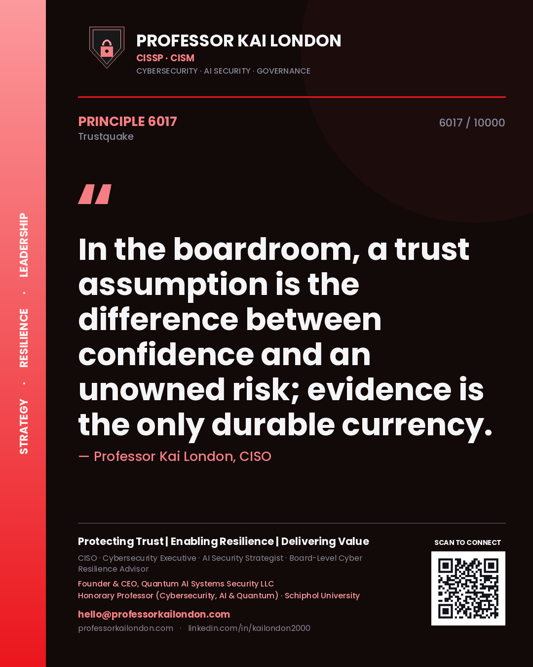 Quote card by Professor Kai London reading 'In the boardroom, a trust assumption is the difference between confidence and an unowned risk; evidence is the only durable currency.'. From the book Trustquake.
