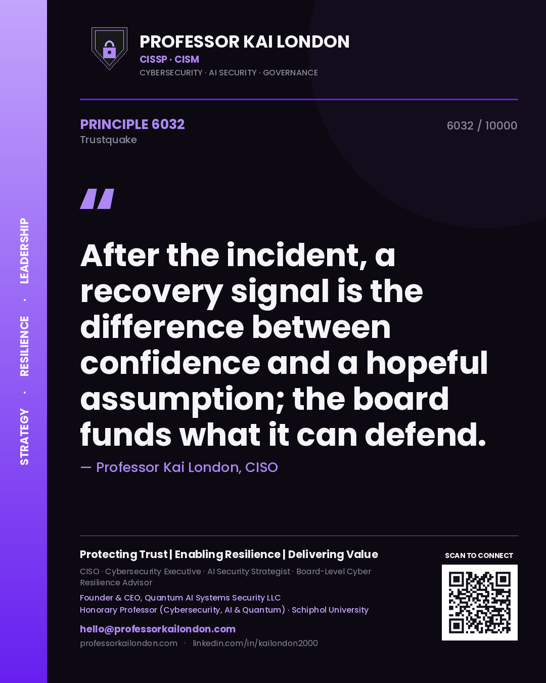 Quote card by Professor Kai London reading 'After the incident, a recovery signal is the difference between confidence and a hopeful assumption; the board funds what it can defend.'. From the book Trustquake.