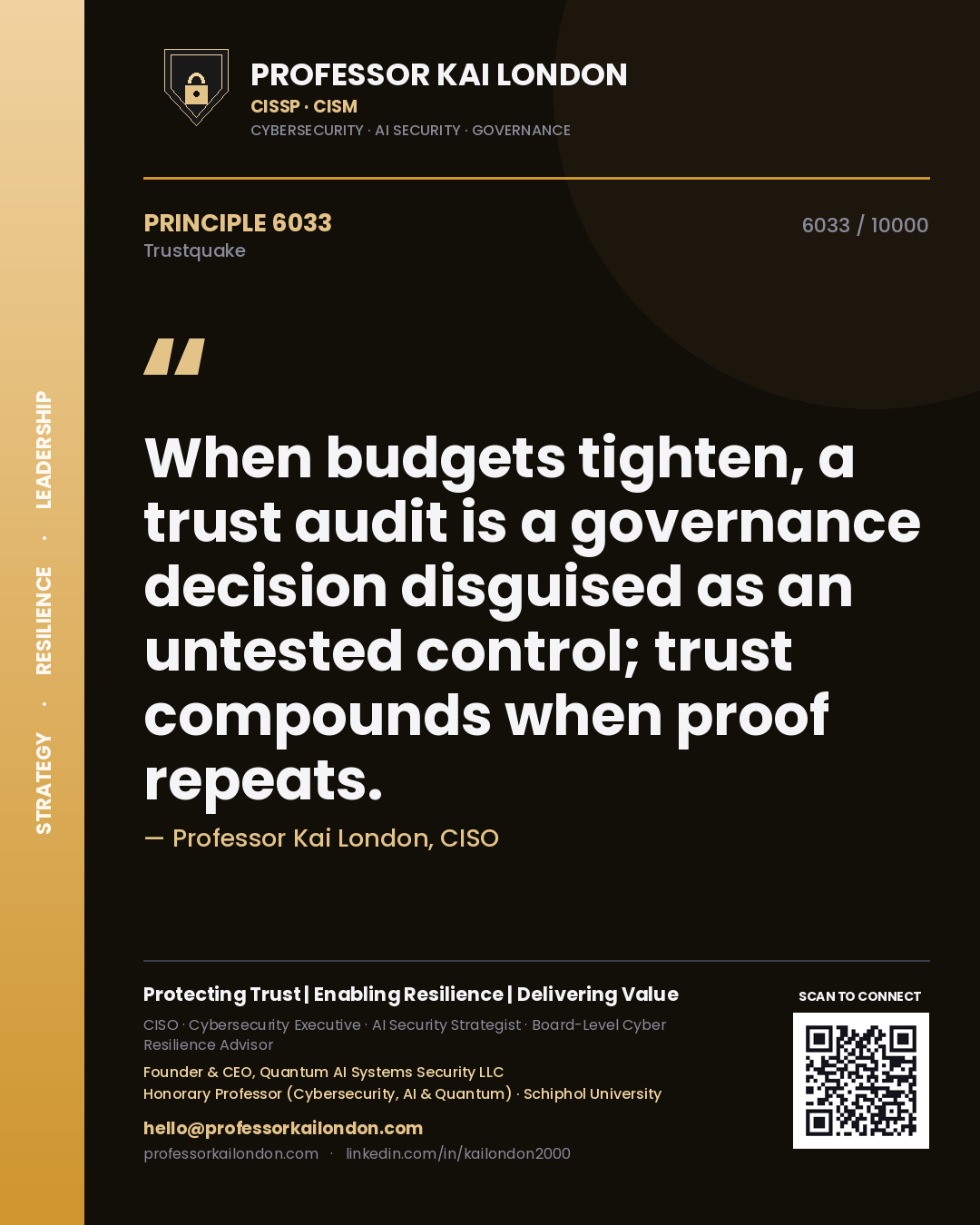 Professor Kai London principle 6033: When budgets tighten, a trust audit is a governance decision disguised as an untested control; trust compounds when proof repeats.