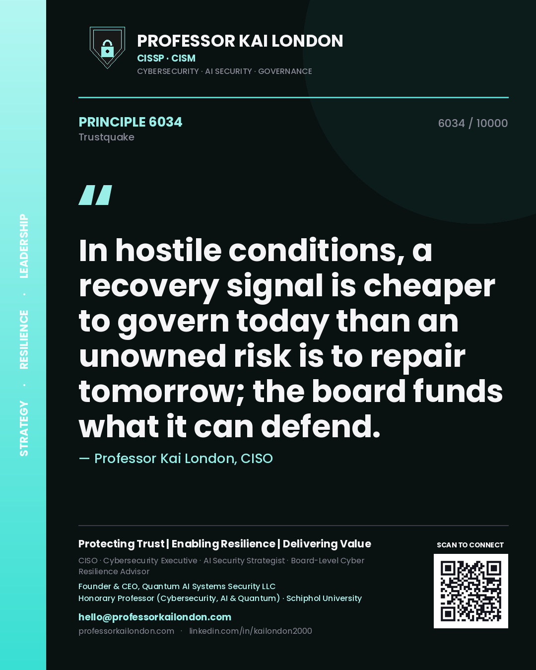 Quote card by Professor Kai London reading 'In hostile conditions, a recovery signal is cheaper to govern today than an unowned risk is to repair tomorrow; the board funds what it can defend.'. From the book Trustquake.