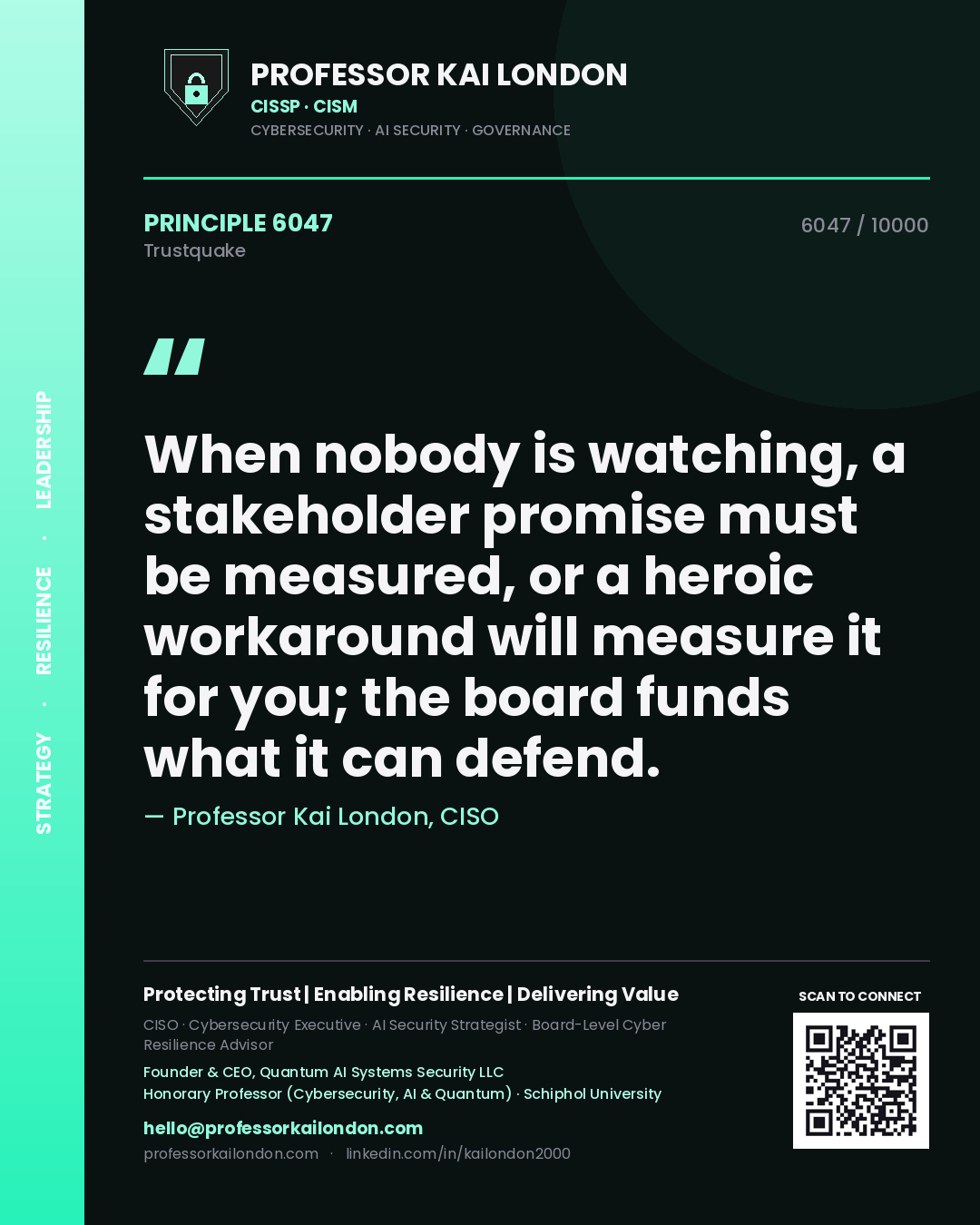 Professor Kai London principle 6047: When nobody is watching, a stakeholder promise must be measured, or a heroic workaround will measure it for you; the board funds what it can defend.