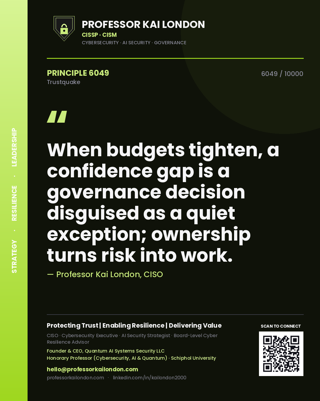 Quote card by Professor Kai London reading 'When budgets tighten, a confidence gap is a governance decision disguised as a quiet exception; ownership turns risk into work.'. From the book Trustquake.