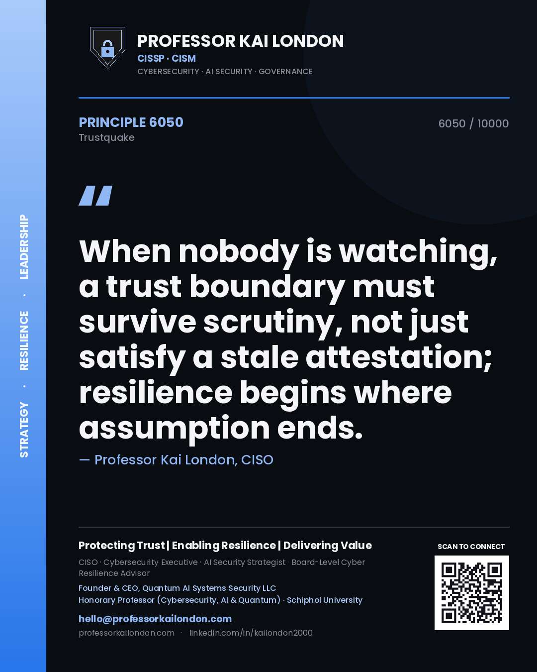 Professor Kai London principle 6050: When nobody is watching, a trust boundary must survive scrutiny, not just satisfy a stale attestation; resilience begins where assumption ends.