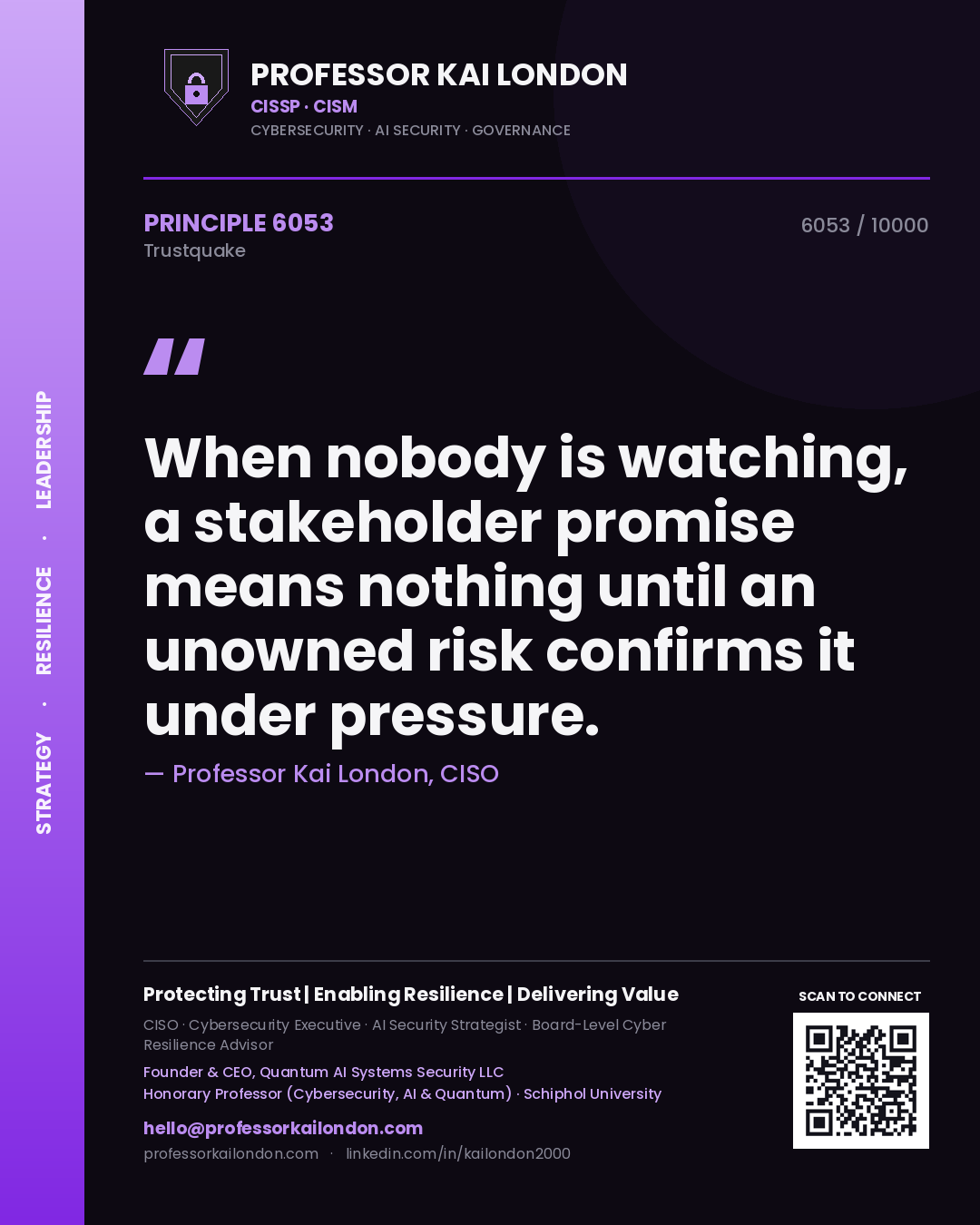 Quote card by Professor Kai London reading 'When nobody is watching, a stakeholder promise means nothing until an unowned risk confirms it under pressure.'. From the book Trustquake.