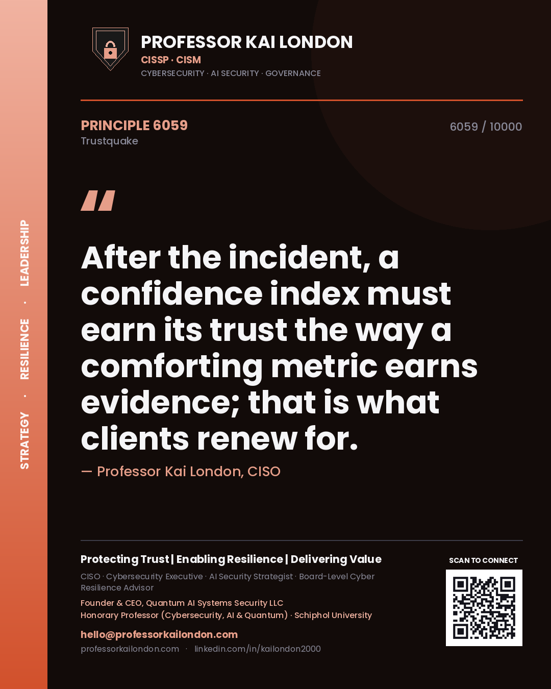 Quote card by Professor Kai London reading 'After the incident, a confidence index must earn its trust the way a comforting metric earns evidence; that is what clients renew for.'. From the book Trustquake.