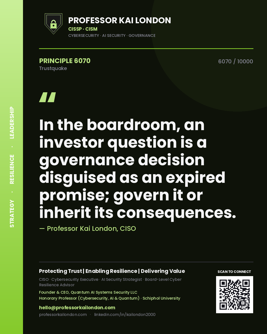 Quote card by Professor Kai London reading 'In the boardroom, an investor question is a governance decision disguised as an expired promise; govern it or inherit its consequences.'. From the book Trustquake.