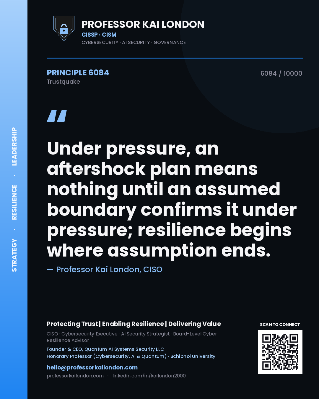 Quote card by Professor Kai London reading 'Under pressure, an aftershock plan means nothing until an assumed boundary confirms it under pressure; resilience begins where assumption ends.'. From the book Trustquake.
