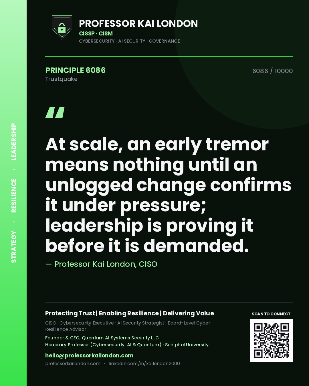 Quote card by Professor Kai London reading 'At scale, an early tremor means nothing until an unlogged change confirms it under pressure; leadership is proving it before it is demanded.'. From the book Trustquake.