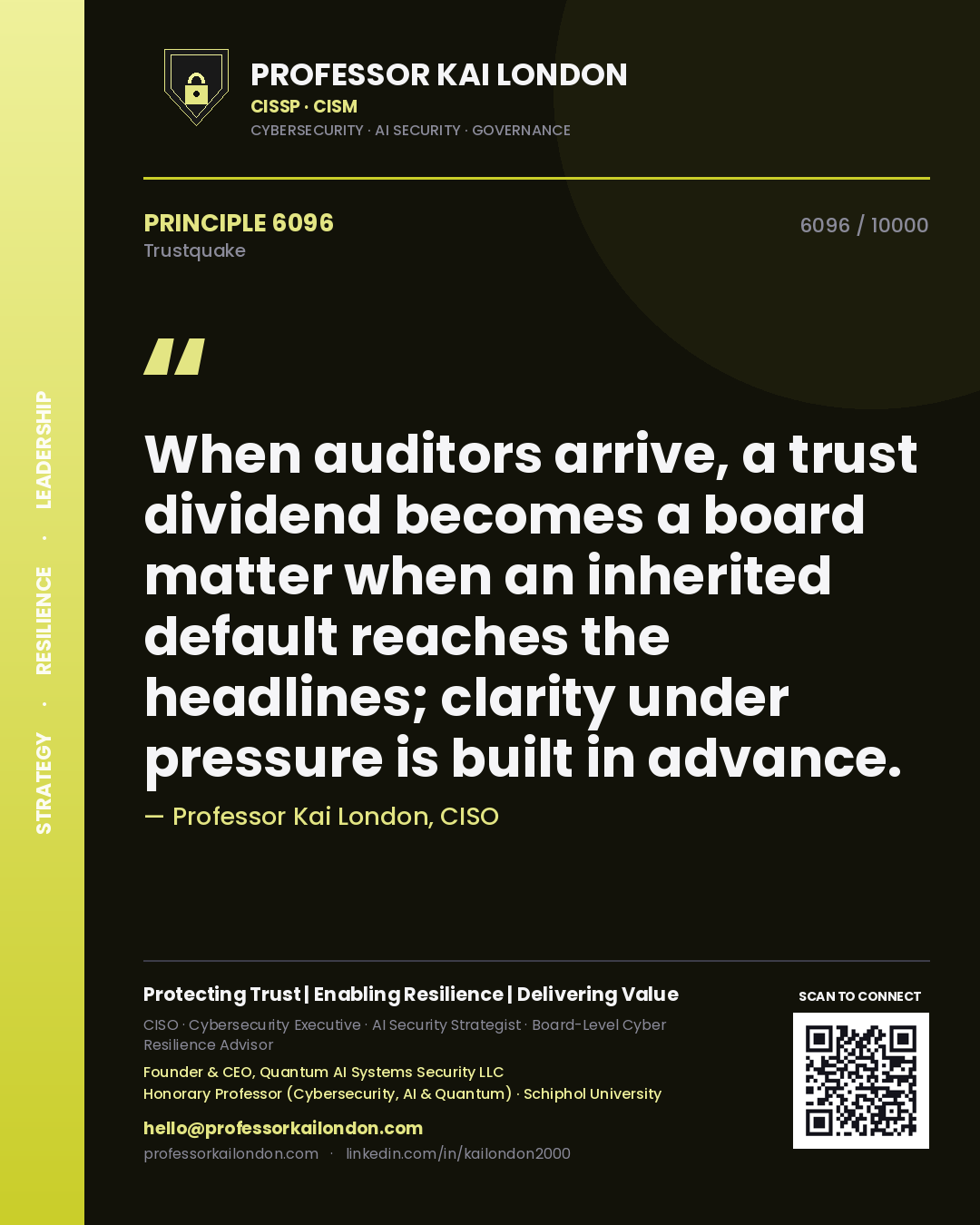 Quote card by Professor Kai London reading 'When auditors arrive, a trust dividend becomes a board matter when an inherited default reaches the headlines; clarity under pressure is built in advance.'. From the book Trustquake.