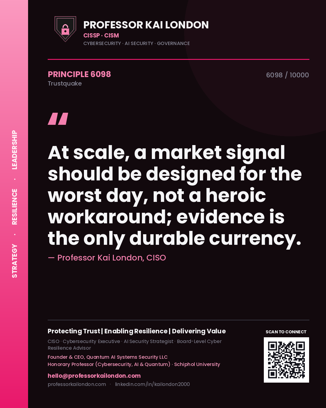 Quote card by Professor Kai London reading 'At scale, a market signal should be designed for the worst day, not a heroic workaround; evidence is the only durable currency.'. From the book Trustquake.