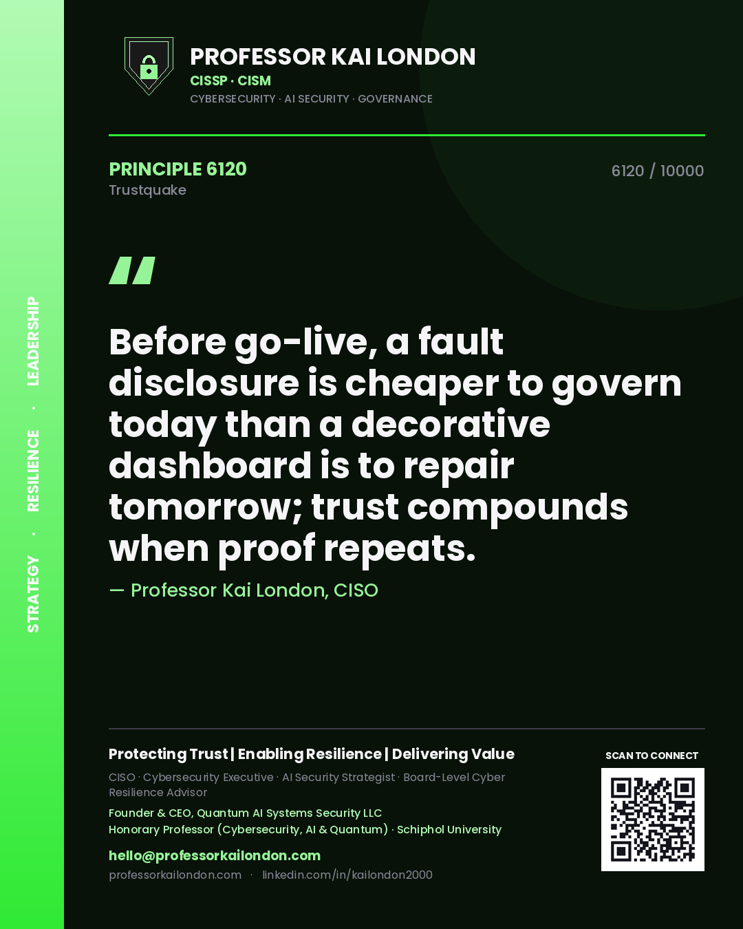 Quote card by Professor Kai London reading 'Before go-live, a fault disclosure is cheaper to govern today than a decorative dashboard is to repair tomorrow; trust compounds when proof repeats.'. From the book Trustquake.