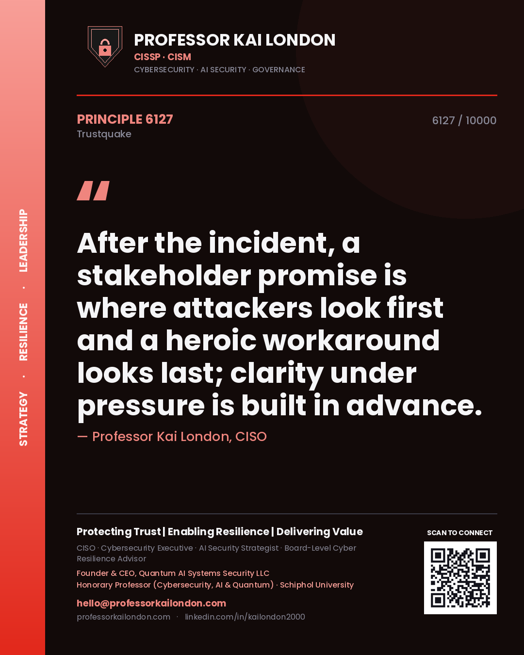 Quote card by Professor Kai London reading 'After the incident, a stakeholder promise is where attackers look first and a heroic workaround looks last; clarity under pressure is built in advance.'. From the book Trustquake.