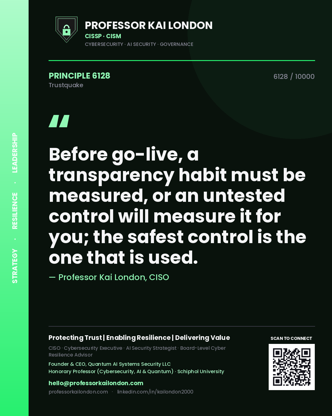 Quote card by Professor Kai London reading 'Before go-live, a transparency habit must be measured, or an untested control will measure it for you; the safest control is the one that is used.'. From the book Trustquake.