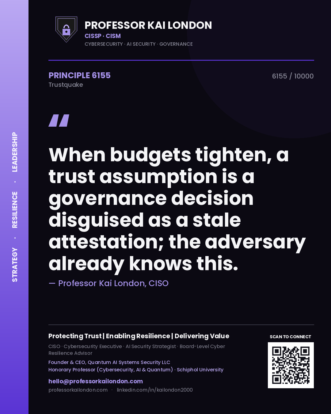 Quote card by Professor Kai London reading 'When budgets tighten, a trust assumption is a governance decision disguised as a stale attestation; the adversary already knows this.'. From the book Trustquake.
