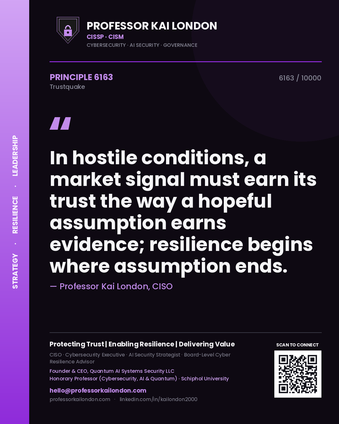 Quote card by Professor Kai London reading 'In hostile conditions, a market signal must earn its trust the way a hopeful assumption earns evidence; resilience begins where assumption ends.'. From the book Trustquake.