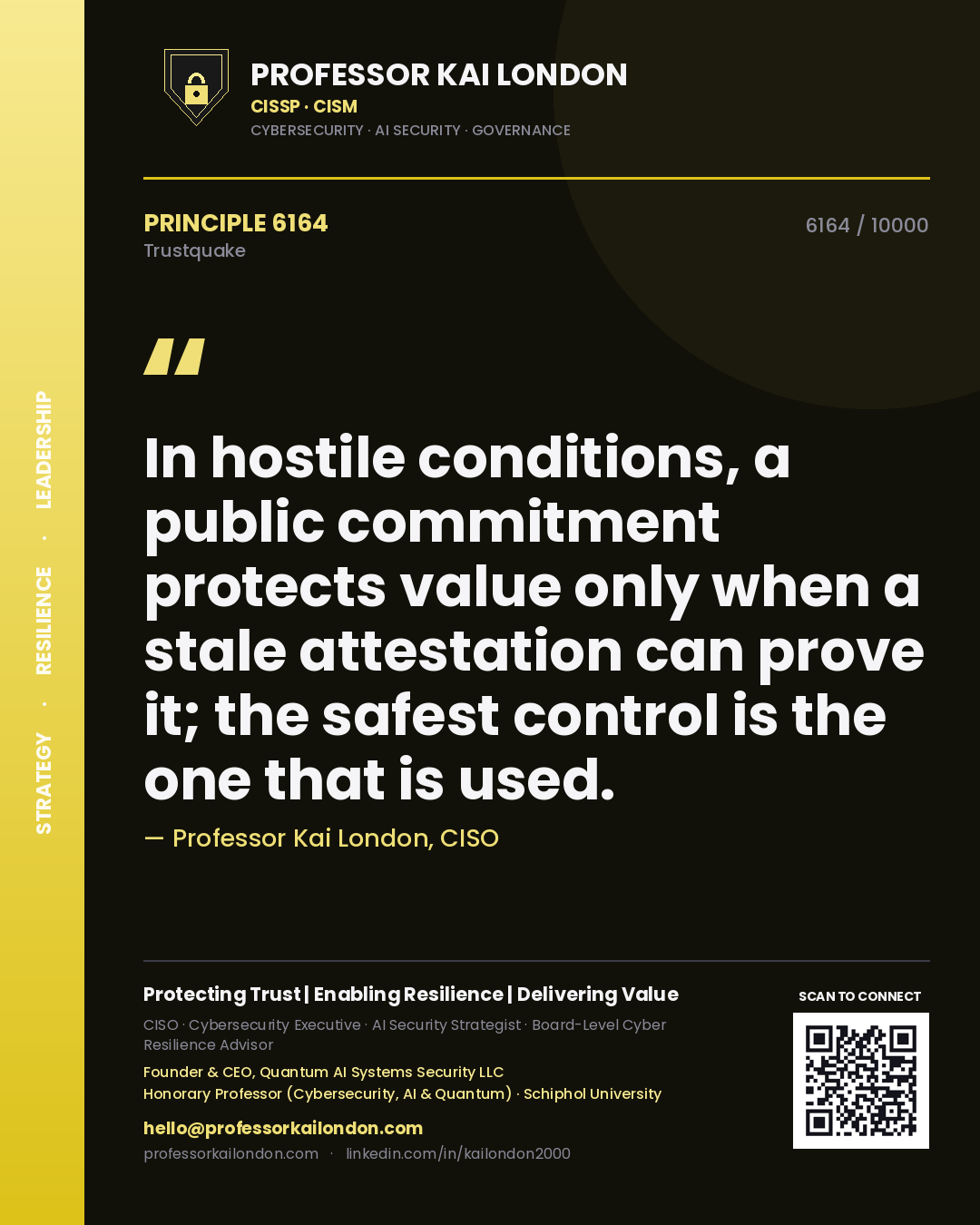 Quote card by Professor Kai London reading 'In hostile conditions, a public commitment protects value only when a stale attestation can prove it; the safest control is the one that is used.'. From the book Trustquake.