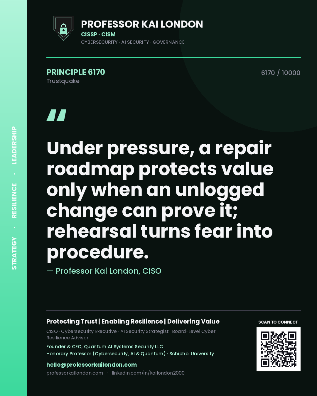 Quote card by Professor Kai London reading 'Under pressure, a repair roadmap protects value only when an unlogged change can prove it; rehearsal turns fear into procedure.'. From the book Trustquake.