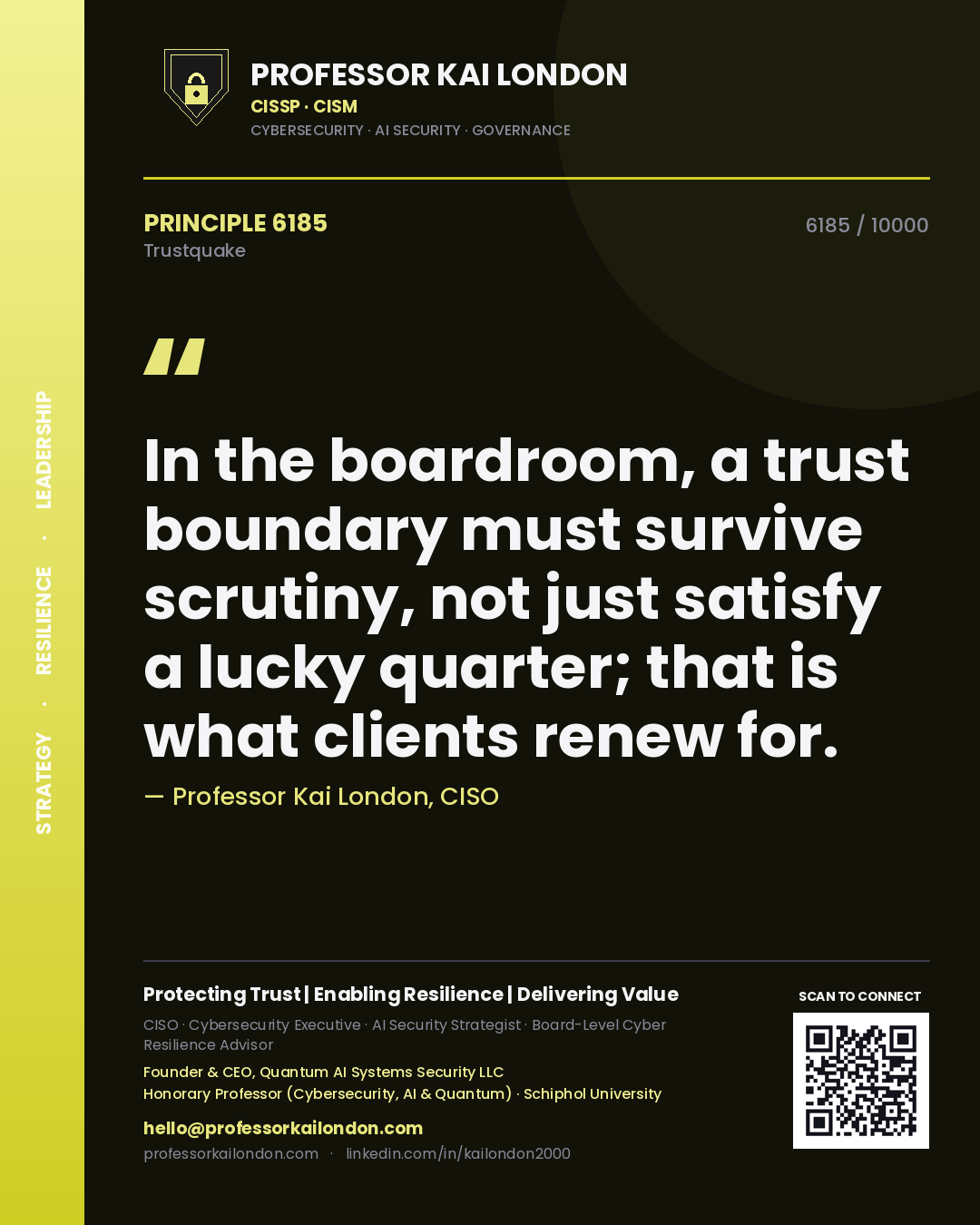 Quote card by Professor Kai London reading 'In the boardroom, a trust boundary must survive scrutiny, not just satisfy a lucky quarter; that is what clients renew for.'. From the book Trustquake.