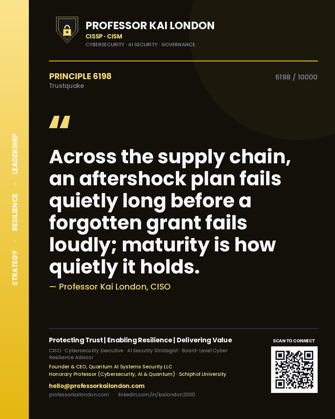 Quote card by Professor Kai London reading 'Across the supply chain, an aftershock plan fails quietly long before a forgotten grant fails loudly; maturity is how quietly it holds.'. From the book Trustquake.