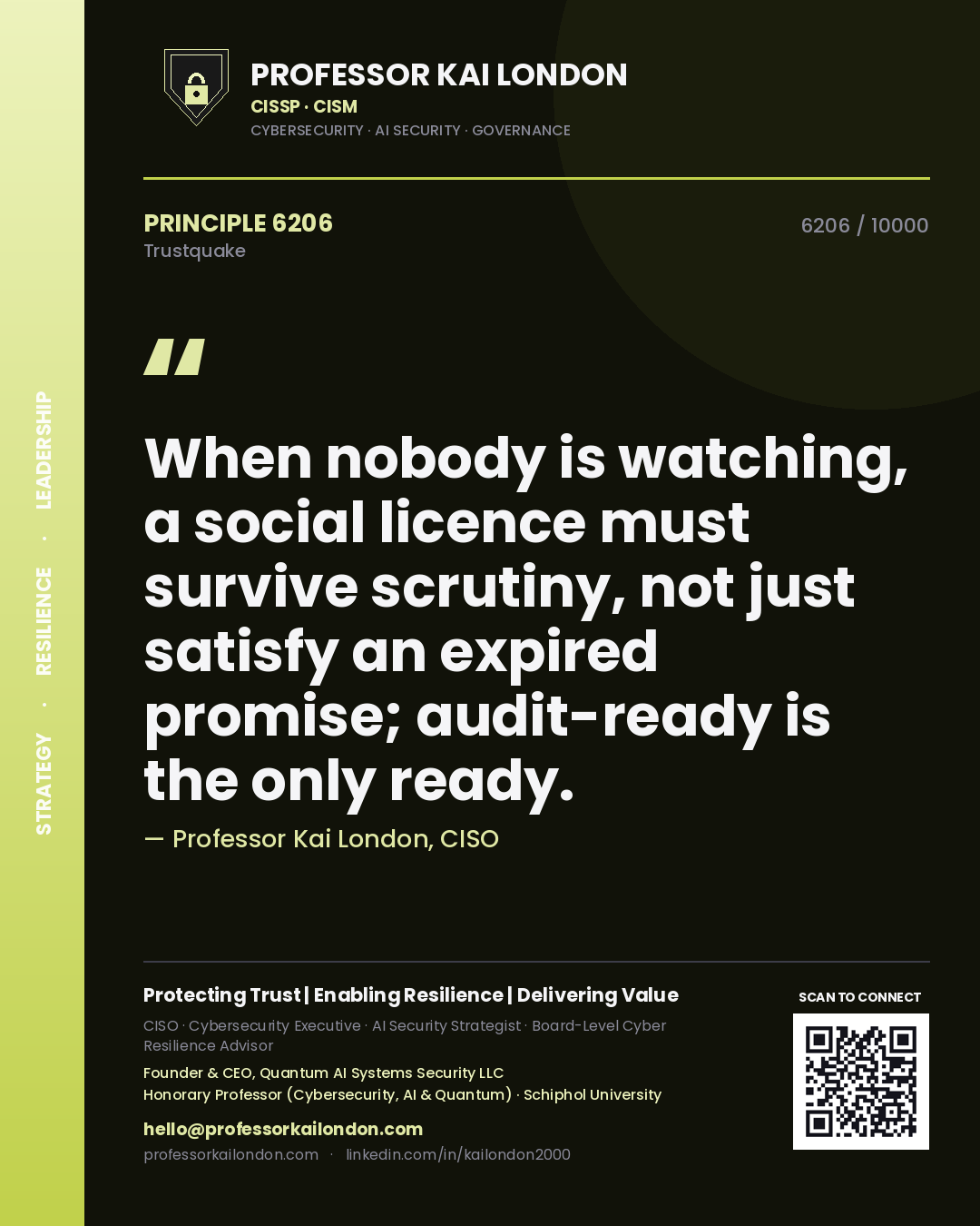 Professor Kai London principle 6206: When nobody is watching, a social licence must survive scrutiny, not just satisfy an expired promise; audit-ready is the only ready.