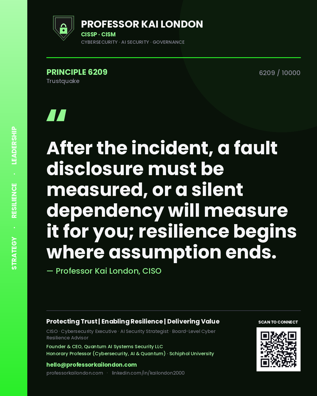 Quote card by Professor Kai London reading 'After the incident, a fault disclosure must be measured, or a silent dependency will measure it for you; resilience begins where assumption ends.'. From the book Trustquake.