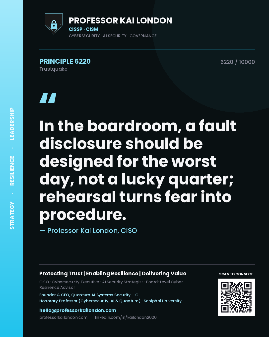 Professor Kai London principle 6220: In the boardroom, a fault disclosure should be designed for the worst day, not a lucky quarter; rehearsal turns fear into procedure.