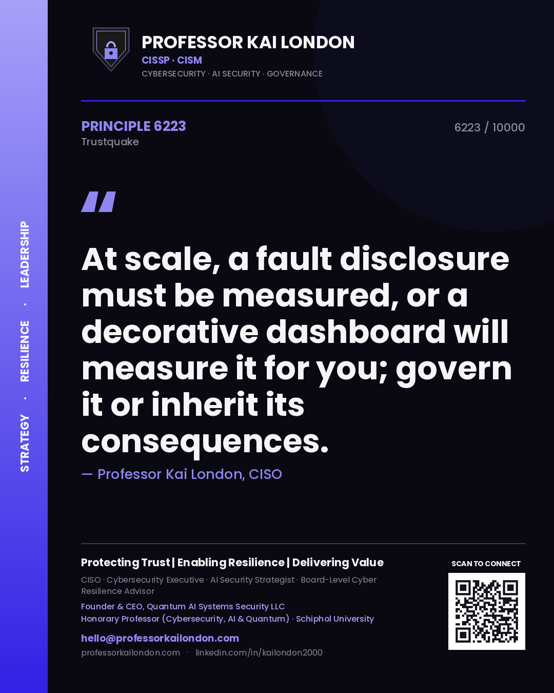 Quote card by Professor Kai London reading 'At scale, a fault disclosure must be measured, or a decorative dashboard will measure it for you; govern it or inherit its consequences.'. From the book Trustquake.