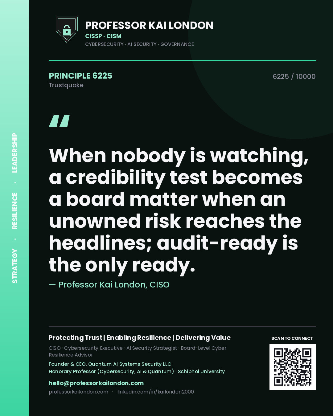 Professor Kai London principle 6225: When nobody is watching, a credibility test becomes a board matter when an unowned risk reaches the headlines; audit-ready is the only ready.