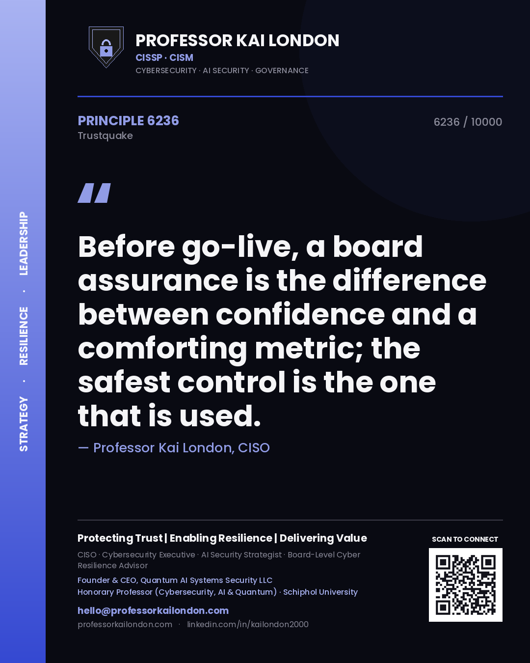 Quote card by Professor Kai London reading 'Before go-live, a board assurance is the difference between confidence and a comforting metric; the safest control is the one that is used.'. From the book Trustquake.