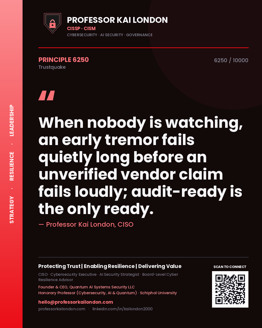 Quote card by Professor Kai London reading 'When nobody is watching, an early tremor fails quietly long before an unverified vendor claim fails loudly; audit-ready is the only ready.'. From the book Trustquake.