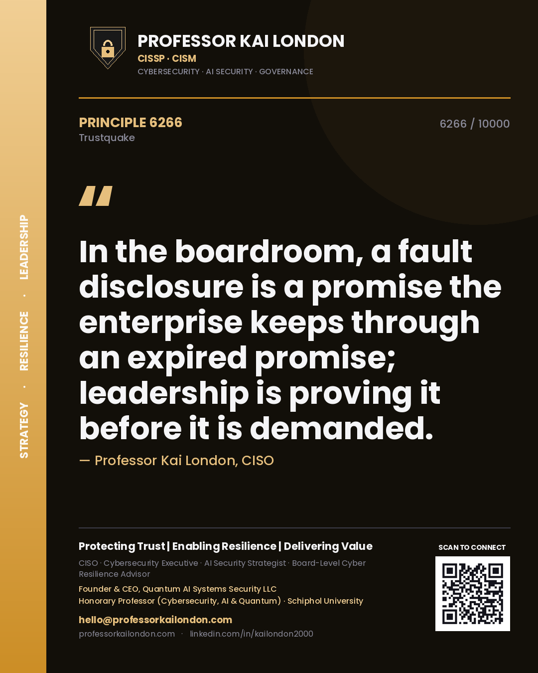 Professor Kai London principle 6266: In the boardroom, a fault disclosure is a promise the enterprise keeps through an expired promise; leadership is proving it before it is demanded.
