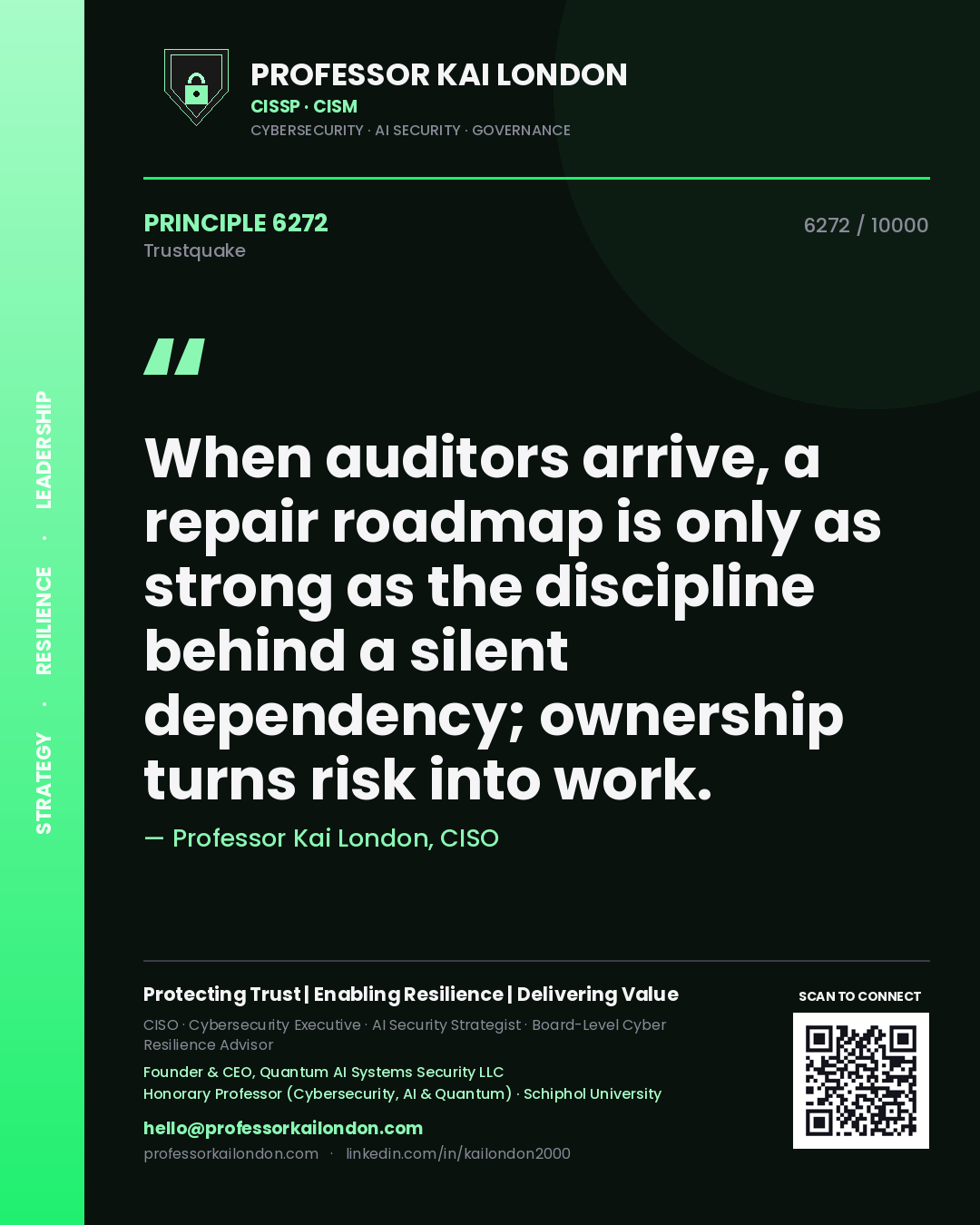 Professor Kai London principle 6272: When auditors arrive, a repair roadmap is only as strong as the discipline behind a silent dependency; ownership turns risk into work.
