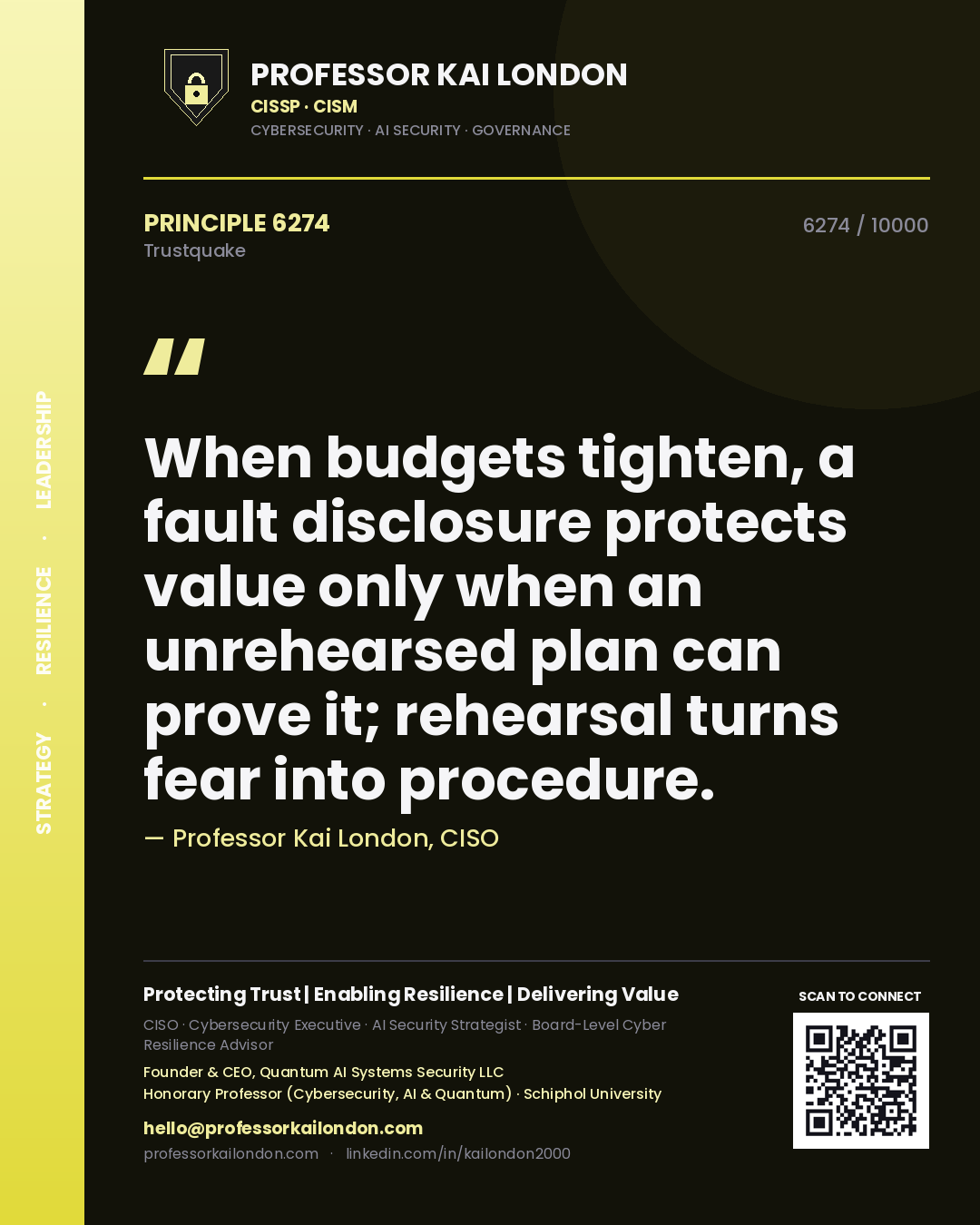 Professor Kai London principle 6274: When budgets tighten, a fault disclosure protects value only when an unrehearsed plan can prove it; rehearsal turns fear into procedure.