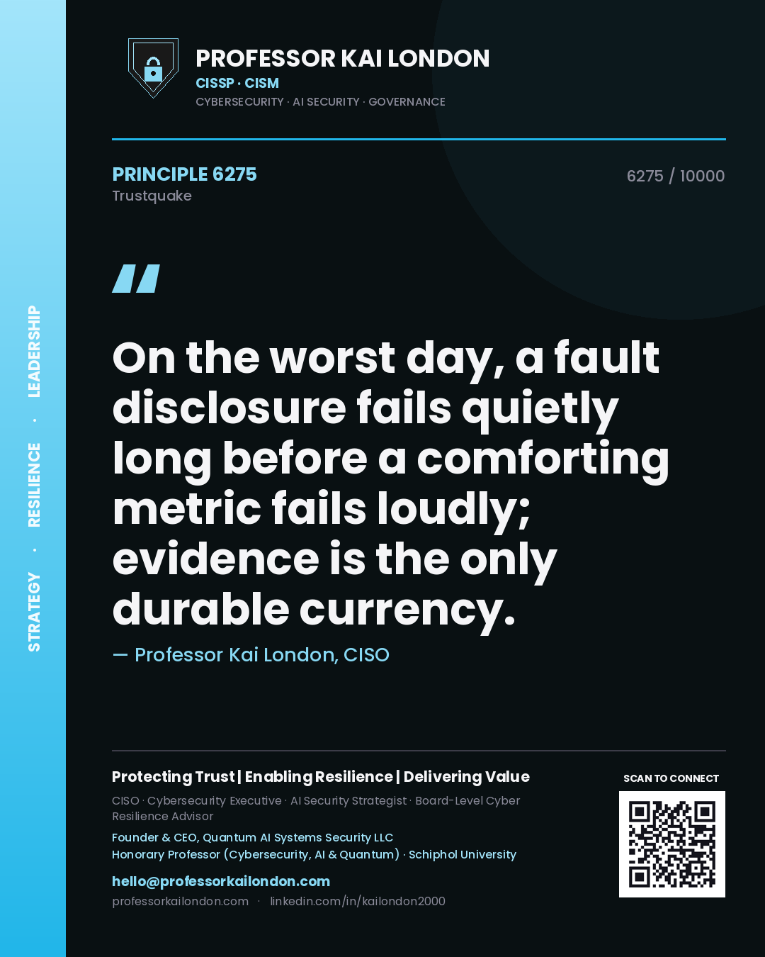 Professor Kai London principle 6275: On the worst day, a fault disclosure fails quietly long before a comforting metric fails loudly; evidence is the only durable currency.
