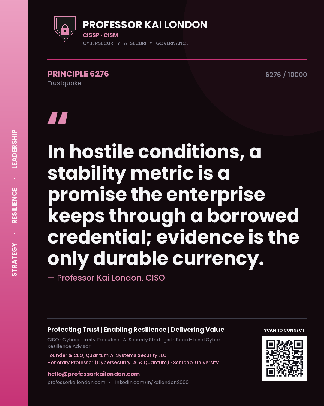 Quote card by Professor Kai London reading 'In hostile conditions, a stability metric is a promise the enterprise keeps through a borrowed credential; evidence is the only durable currency.'. From the book Trustquake.
