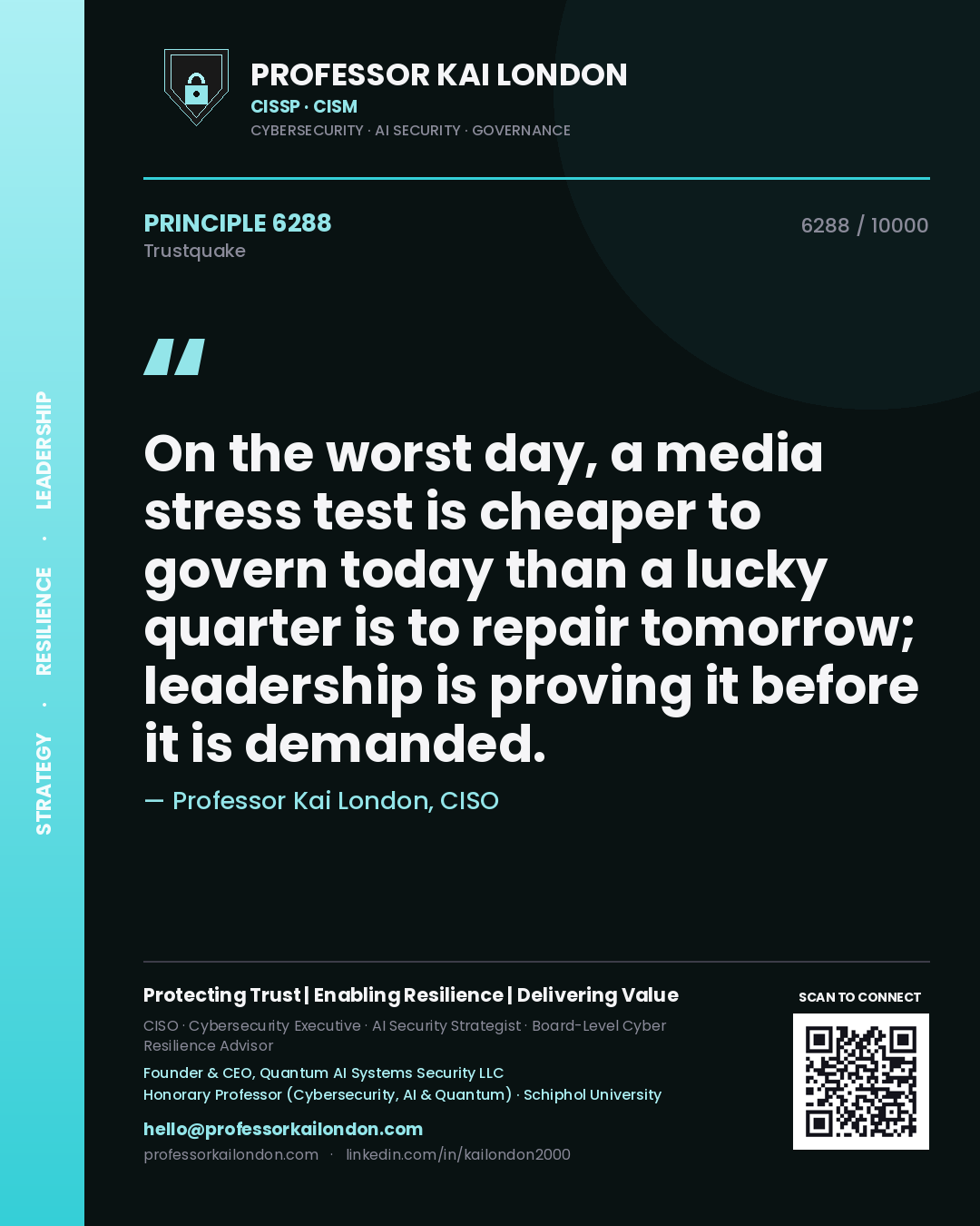 Professor Kai London principle 6288: On the worst day, a media stress test is cheaper to govern today than a lucky quarter is to repair tomorrow; leadership is proving it before it is demanded.