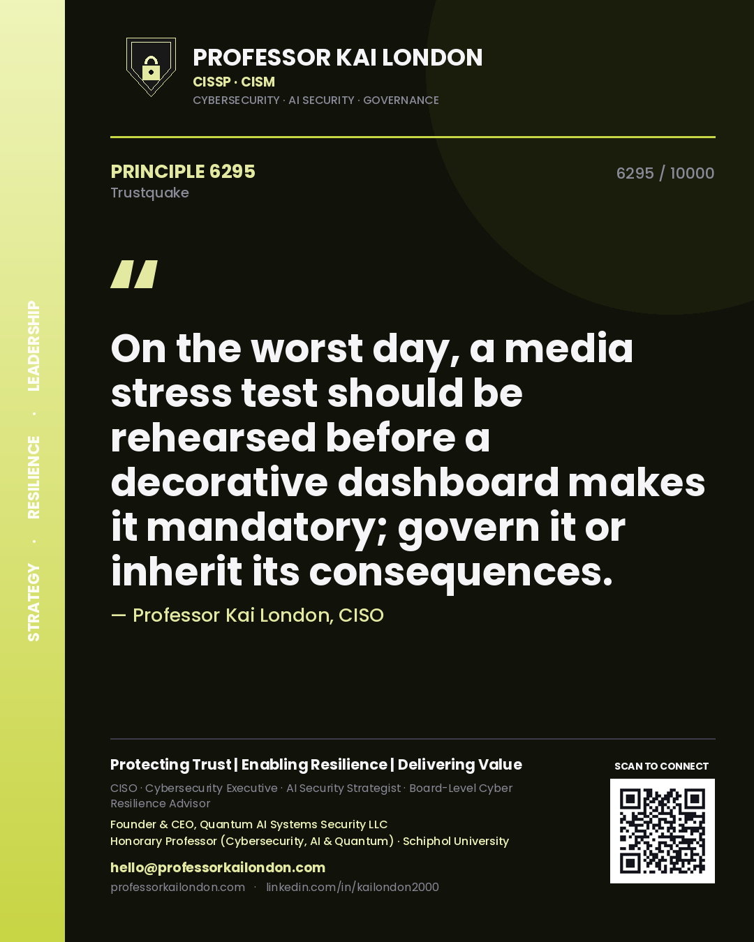 Professor Kai London principle 6295: On the worst day, a media stress test should be rehearsed before a decorative dashboard makes it mandatory; govern it or inherit its consequences.