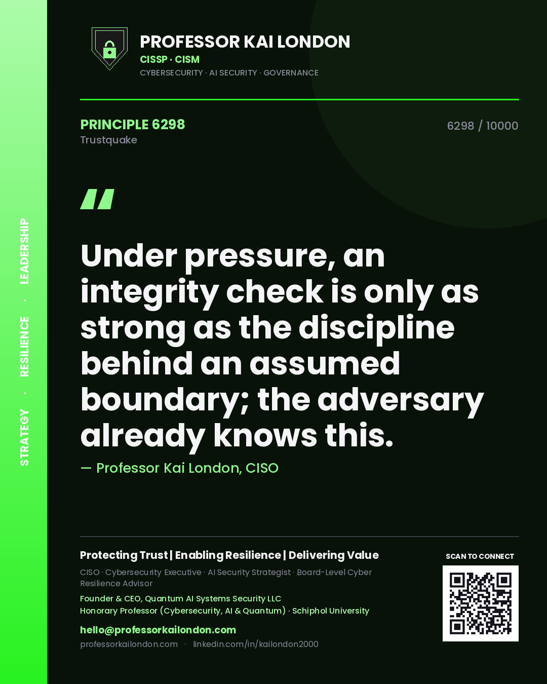 Quote card by Professor Kai London reading 'Under pressure, an integrity check is only as strong as the discipline behind an assumed boundary; the adversary already knows this.'. From the book Trustquake.