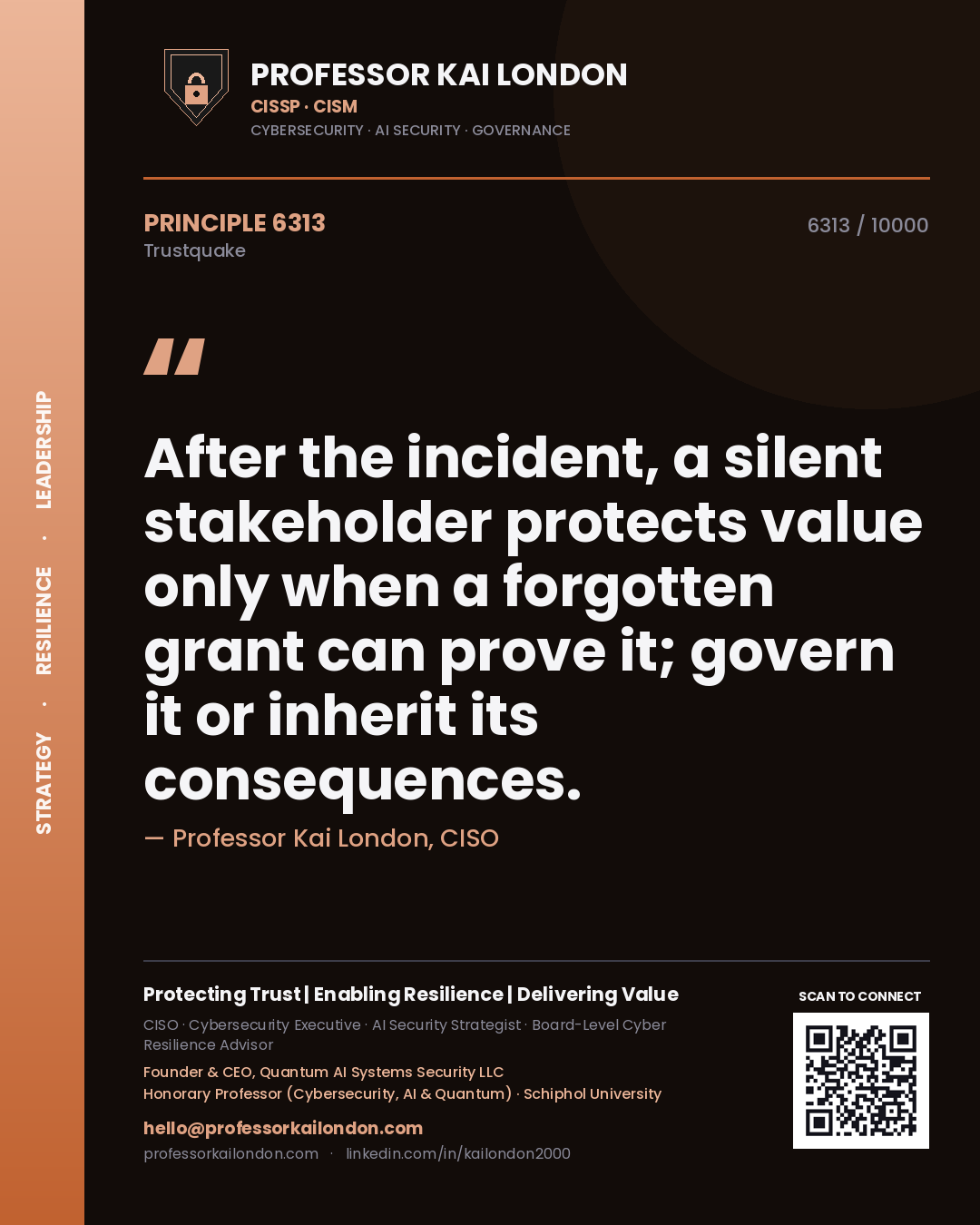 Professor Kai London principle 6313: After the incident, a silent stakeholder protects value only when a forgotten grant can prove it; govern it or inherit its consequences.