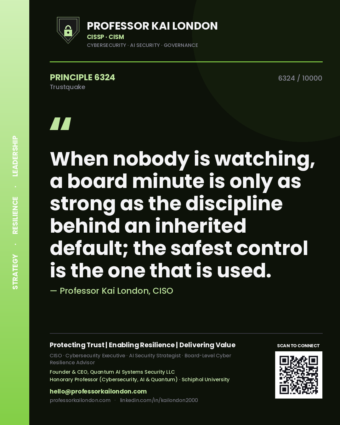 Professor Kai London principle 6324: When nobody is watching, a board minute is only as strong as the discipline behind an inherited default; the safest control is the one that is used.