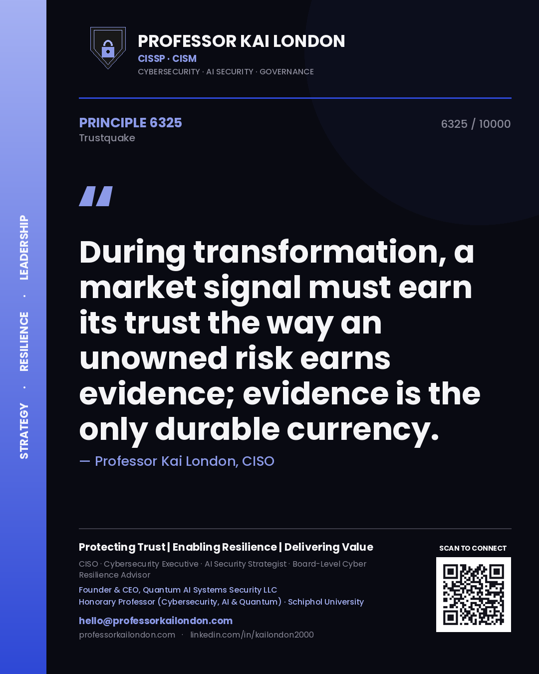 Professor Kai London principle 6325: During transformation, a market signal must earn its trust the way an unowned risk earns evidence; evidence is the only durable currency.