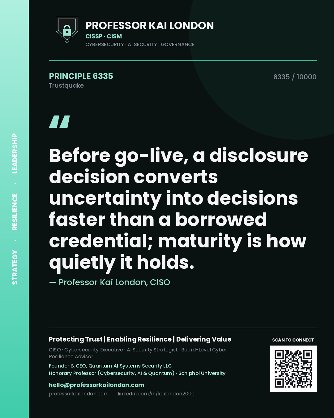 Professor Kai London principle 6335: Before go-live, a disclosure decision converts uncertainty into decisions faster than a borrowed credential; maturity is how quietly it holds.