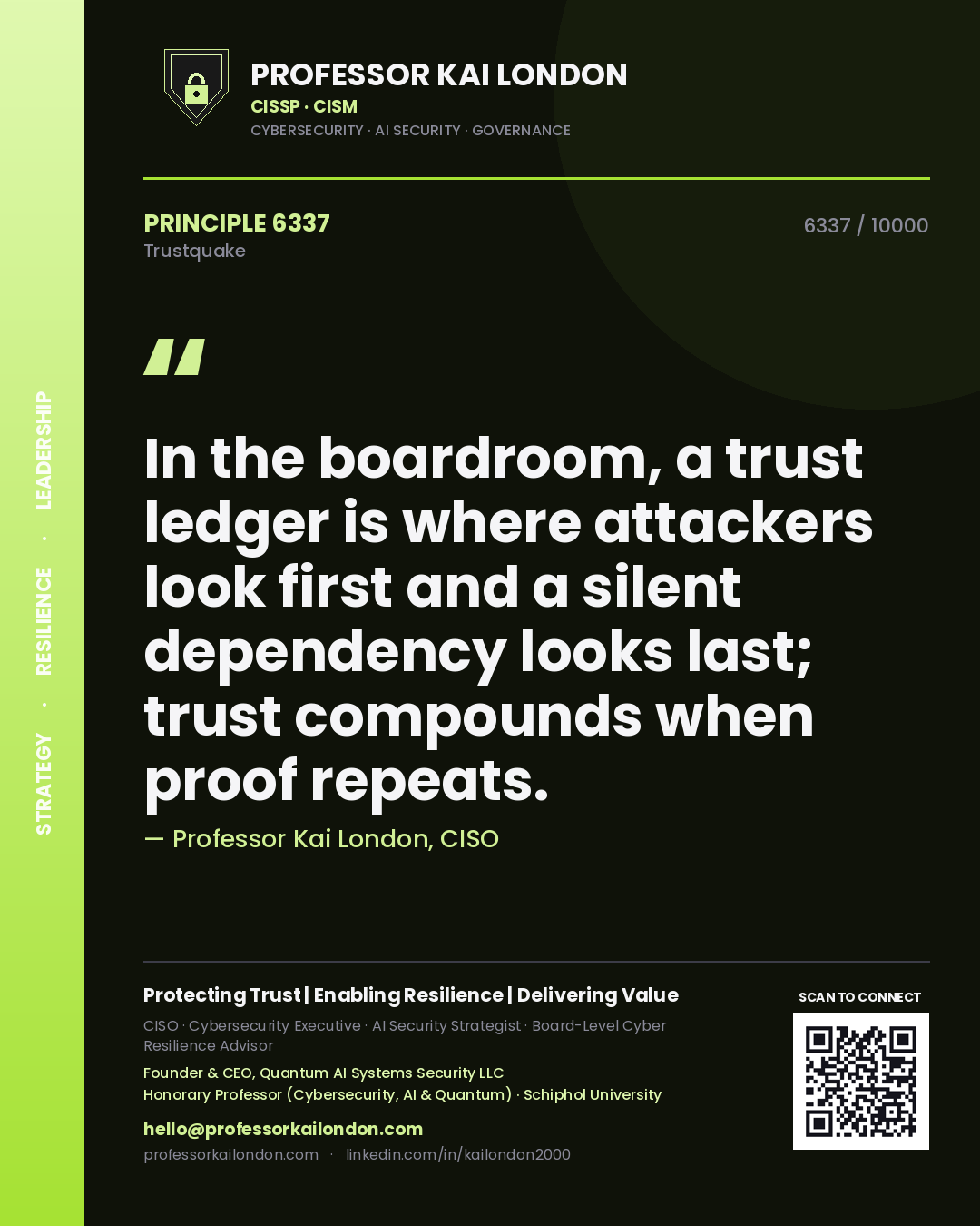 Professor Kai London principle 6337: In the boardroom, a trust ledger is where attackers look first and a silent dependency looks last; trust compounds when proof repeats.