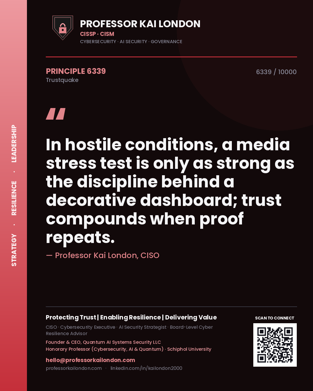 Quote card by Professor Kai London reading 'In hostile conditions, a media stress test is only as strong as the discipline behind a decorative dashboard; trust compounds when proof repeats.'. From the book Trustquake.