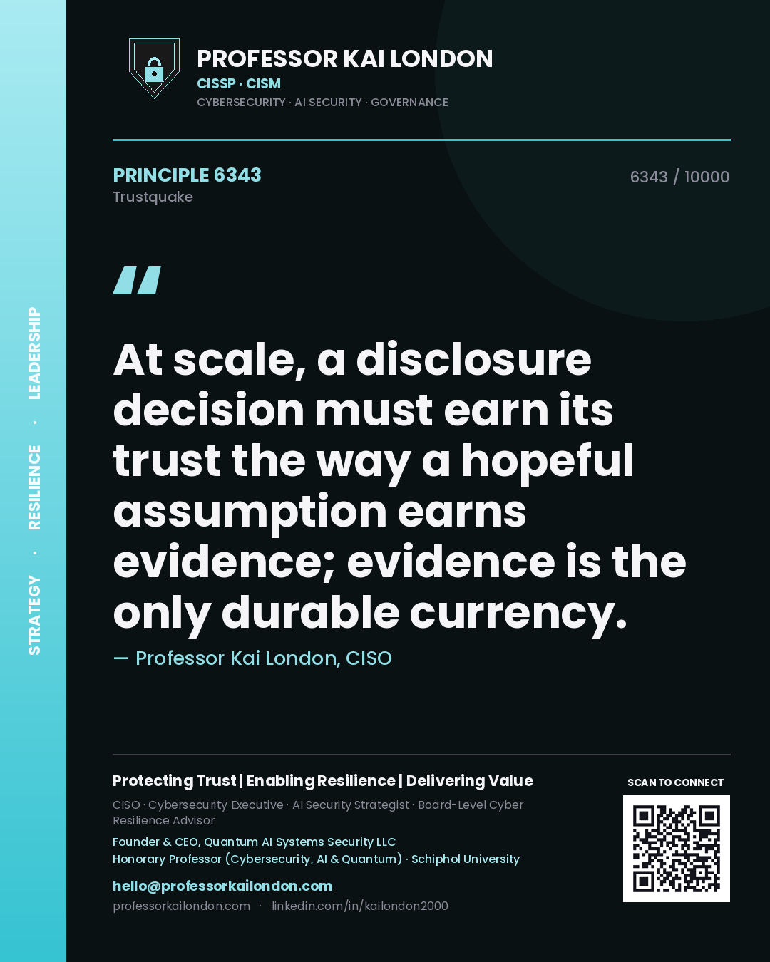 Quote card by Professor Kai London reading 'At scale, a disclosure decision must earn its trust the way a hopeful assumption earns evidence; evidence is the only durable currency.'. From the book Trustquake.