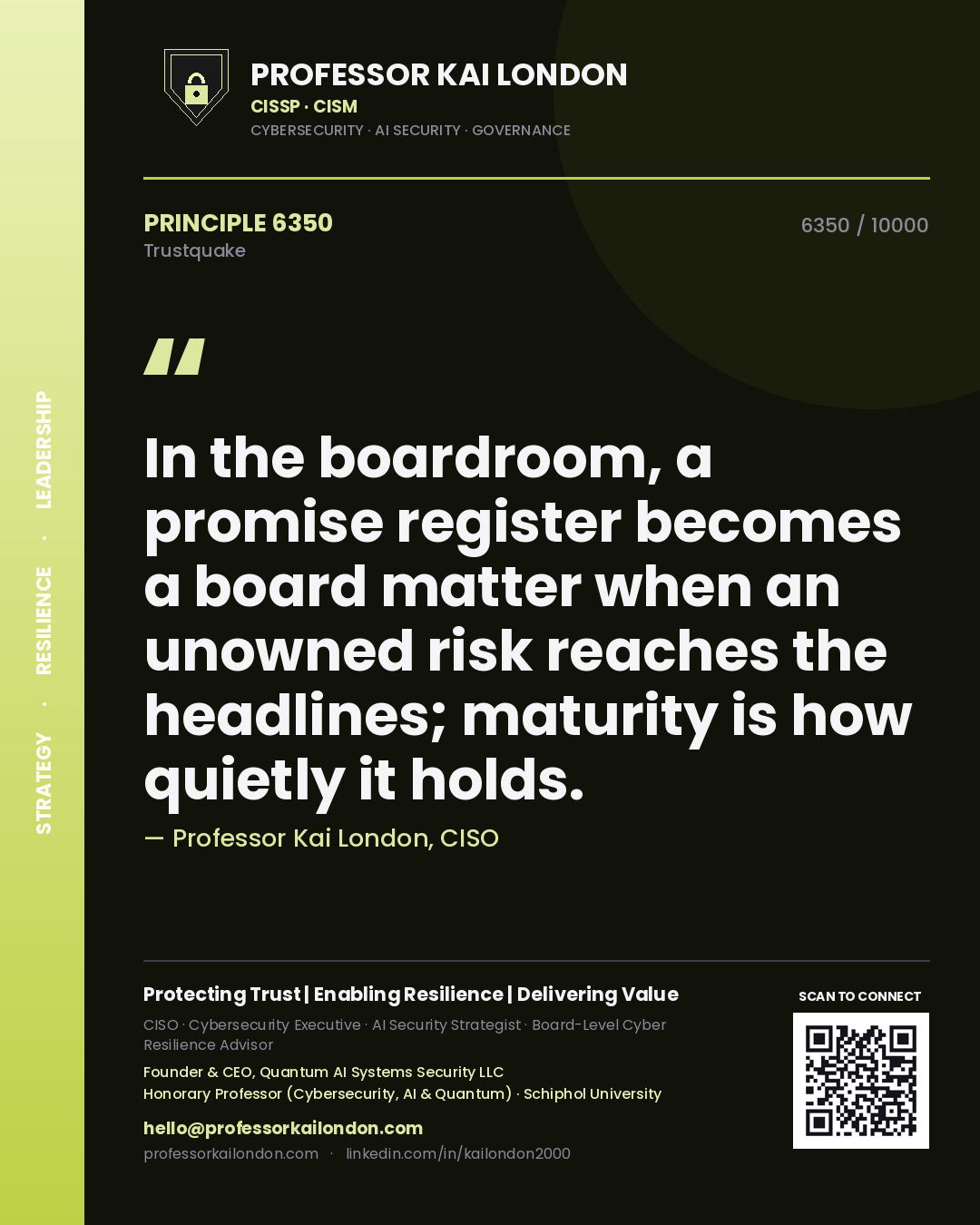 Professor Kai London principle 6350: In the boardroom, a promise register becomes a board matter when an unowned risk reaches the headlines; maturity is how quietly it holds.