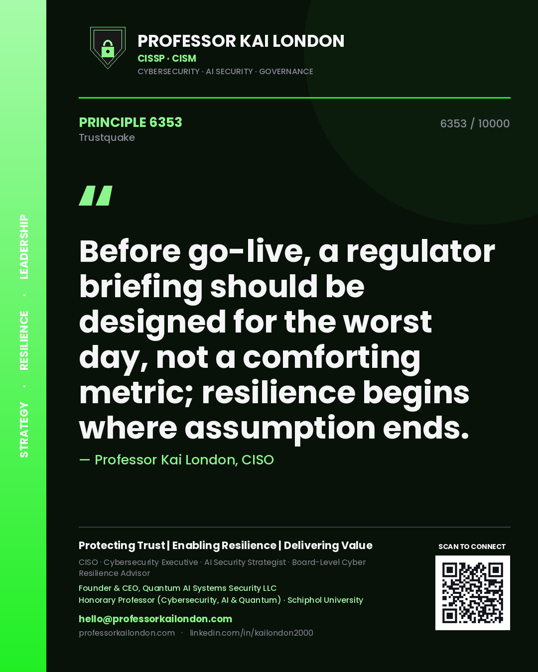 Professor Kai London principle 6353: Before go-live, a regulator briefing should be designed for the worst day, not a comforting metric; resilience begins where assumption ends.