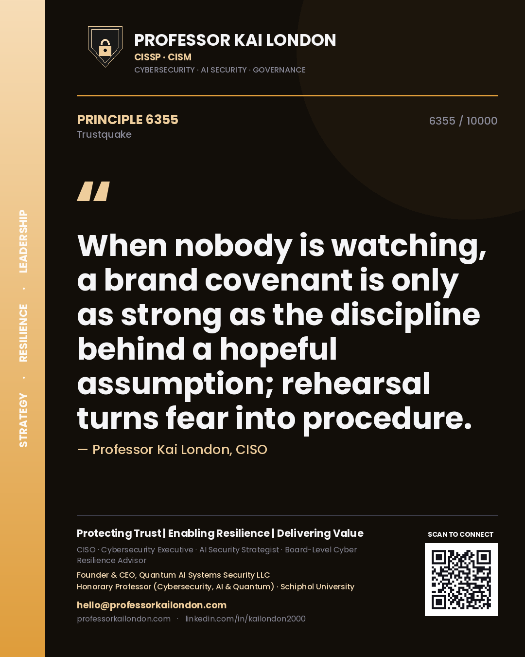 Professor Kai London principle 6355: When nobody is watching, a brand covenant is only as strong as the discipline behind a hopeful assumption; rehearsal turns fear into procedure.
