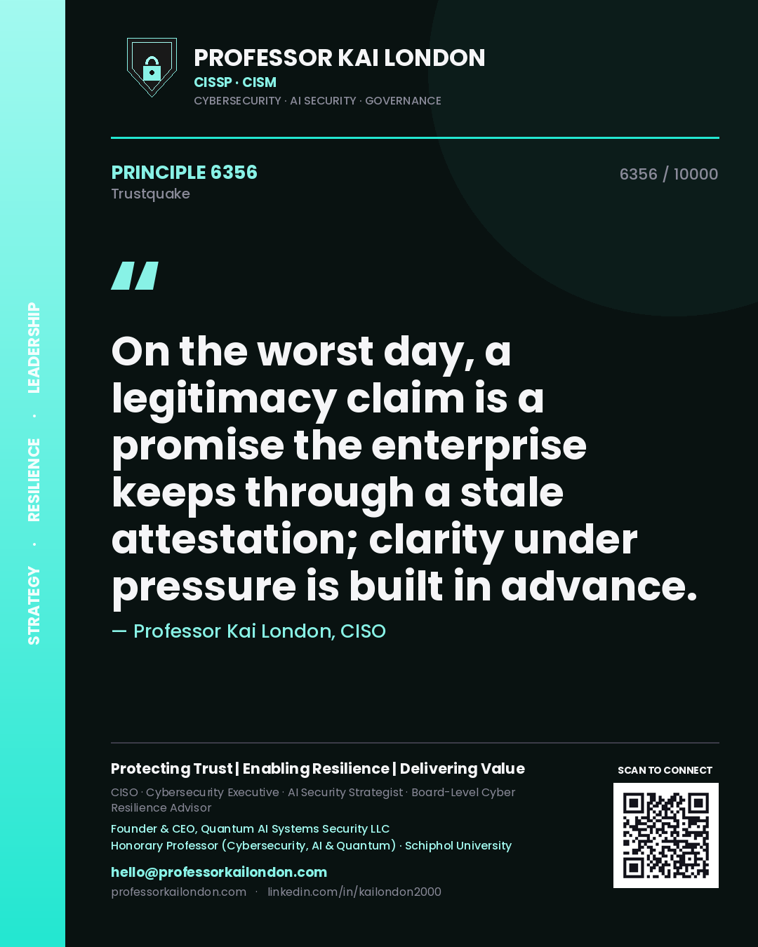 Professor Kai London principle 6356: On the worst day, a legitimacy claim is a promise the enterprise keeps through a stale attestation; clarity under pressure is built in advance.