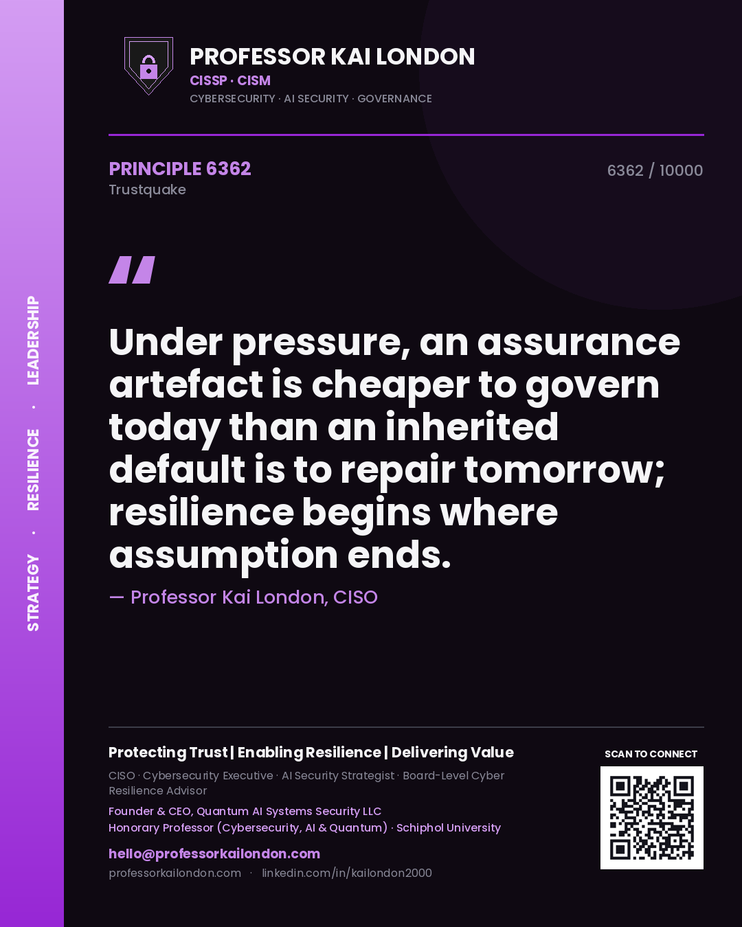 Professor Kai London principle 6362: Under pressure, an assurance artefact is cheaper to govern today than an inherited default is to repair tomorrow; resilience begins where assumption ends.